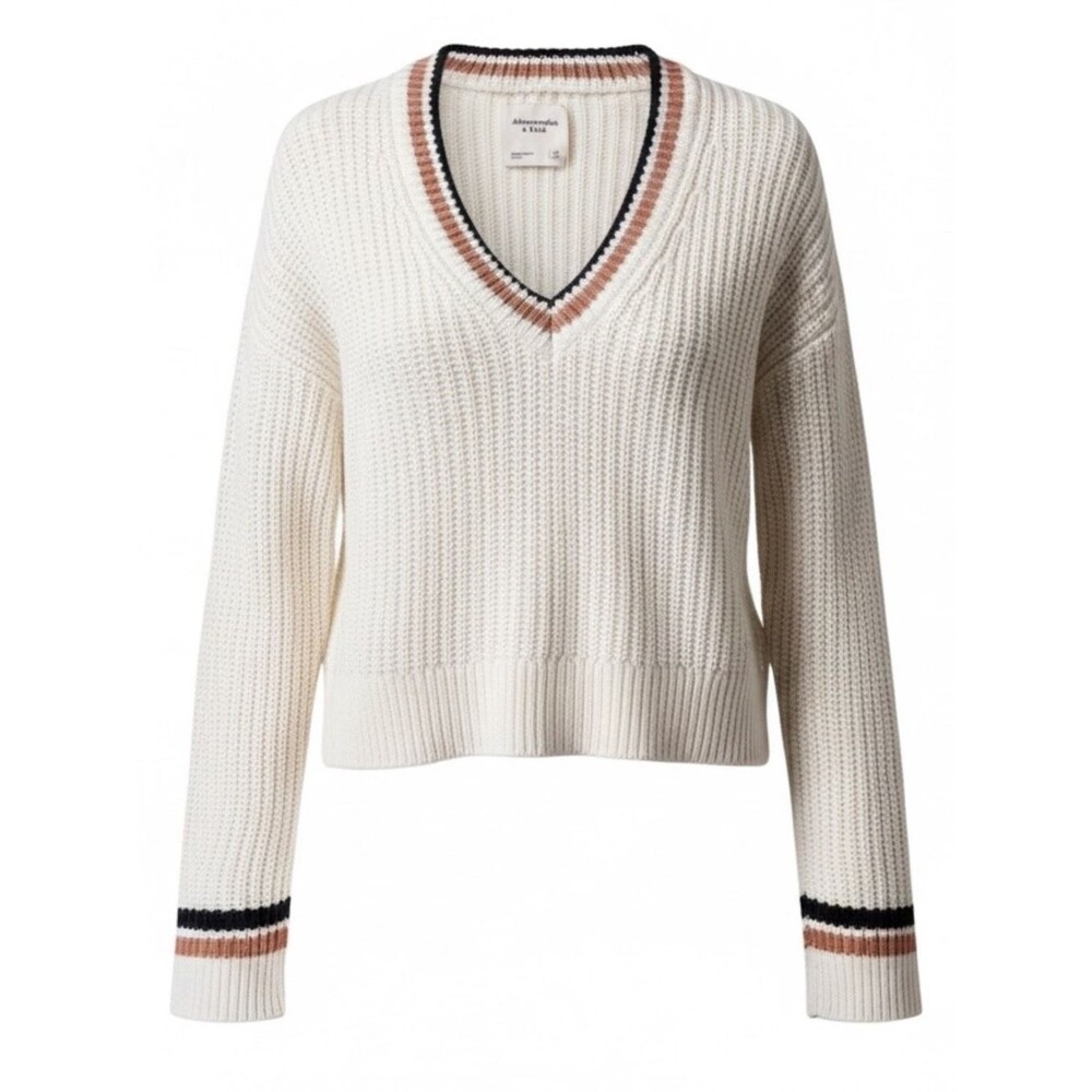 Abercrombie & Fitch Cream Ribbed V Neck Cropped Sweater